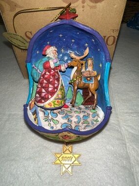 Jim Shore 2007 up on the rooftop Red Santa & Reindeer Holiday Ornament